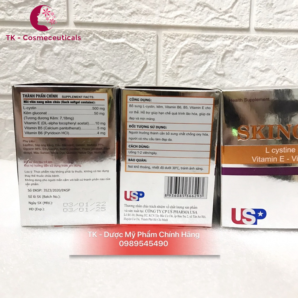Viên uống Skincystine Hỗ Trợ Giảm Mụn, Sáng Da, Chống Lão Hóa, Giảm Nám, Tàn Nhang - Hộp 60 Viên