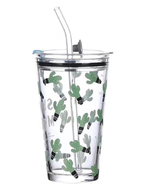 Cốc Thủy Tinh CuteGIADUNGBANBUONTANTHANH Cốc pha sữa , uống nước thủy tinh 350ml chịu nhiệt có nắp đậy ống hút silicon