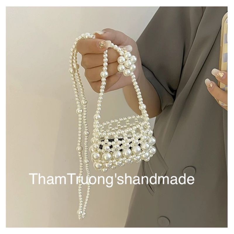 Túi đeo chéo mini ngọc trai kết quai hoa cho mẹ và bé