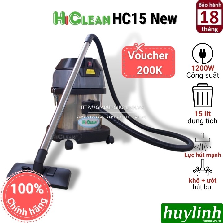 [Mã 253ELSALE hoàn 7% đơn 300K] Máy hút bụi công nghiệp Hiclean HC15 New 2020 - 15 lít - Tặng Voucher 200k