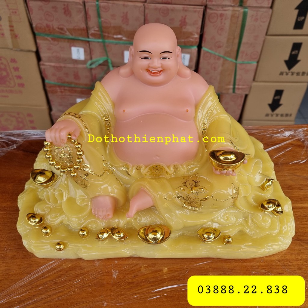 Tượng phật di lặc đá 12in ngang 33cm màu vàng mẫu mới