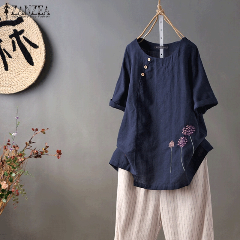 Áo tay ngắn họa tiết thêu ZANZEA thời trang cho nữ | BigBuy360 - bigbuy360.vn