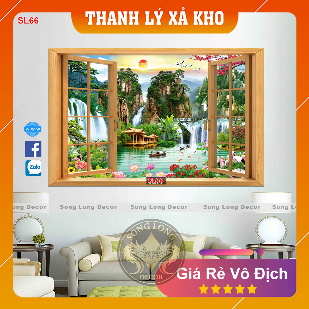 Tranh Dán Tường Cửa sổ sơn thủy - SL66-Tranh 3d Phòng Khách- Song Long Decor