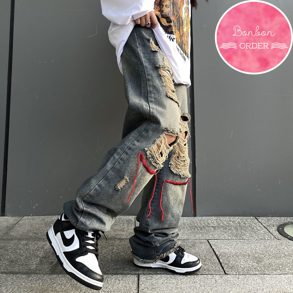 QUẦN JEAN ULZZANG ỐNG RỘNG RÁCH PHỐI CHỈ -