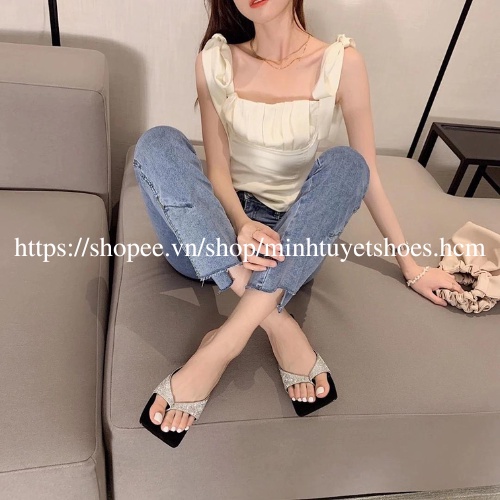 Giày Gót nhọn cao 7cm Minhtuyetshoes quai ngang  guốc nữ kiểu kẹp ngón đính đá xoàn đi tiệc