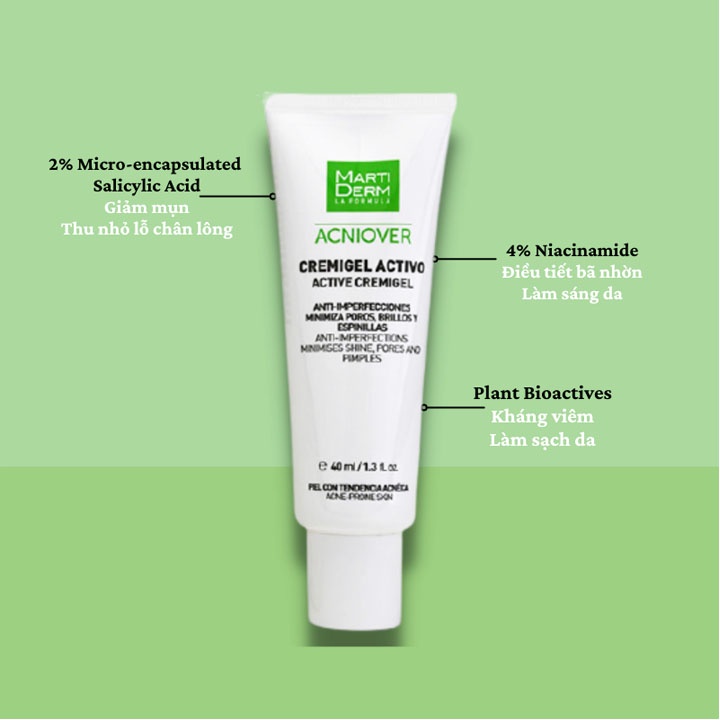 Kem dưỡng giảm nhờn, mụn se lỗ chân lông MartiDerm Acniover Cremigel Active 40ml