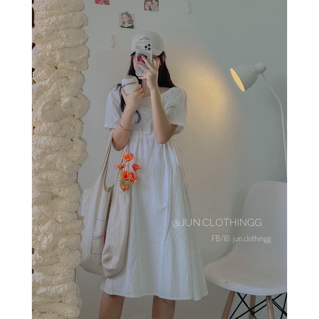 [Hàng Có Sẵn, Ảnh Thật] Váy Babydoll Cổ Vuông Tay Bồng Rút Dây Eo Cực Xinh( Mặc Được 2 Kiểu)