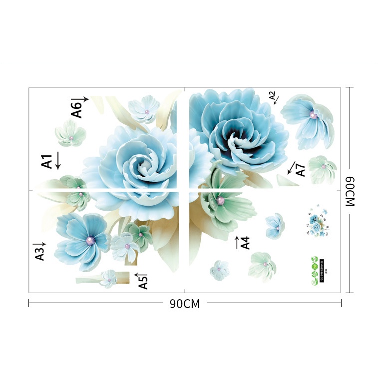 Decal giấy dán tường - mẫu Hoa mẫu đơn xanh bích sang trọng nhẹ nhàng ( 2 tấm )