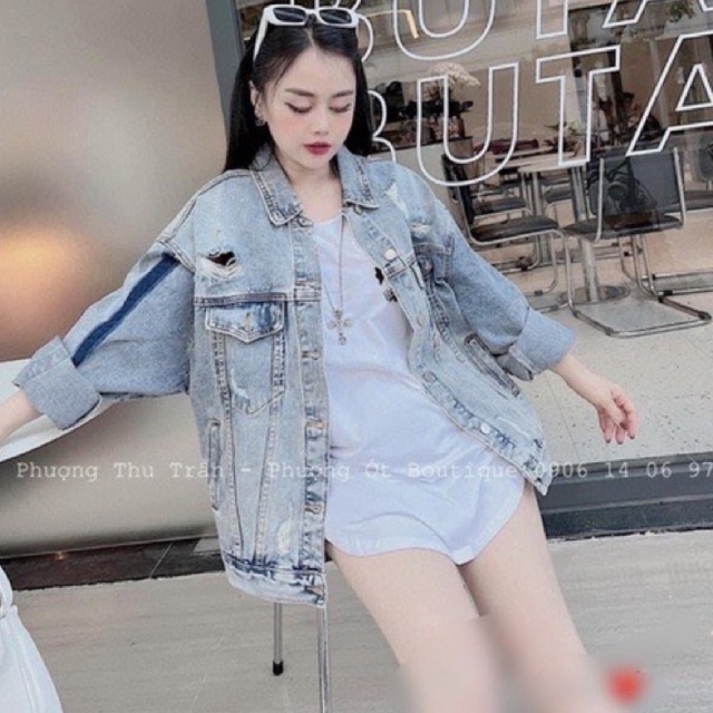 Áo Khoác Bò Jeans Trơn Rách Dáng Rộng Cá Tính