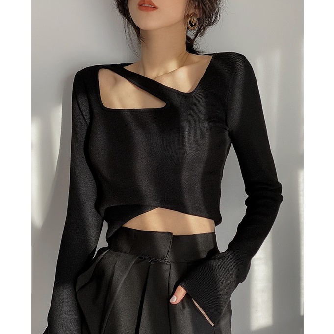 QADCOL Áo sweater Dệt Kim Tay Dài Cổ Vuông Đục Lỗ Kiểu Pháp Dễ Thương Cho Nữ