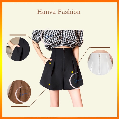 Quần Short Đùi Nữ Ống Rộng Cạp Liền Khóa Trước  Có Túi Chất Tuyết Mưa Cao Cấp Dày Dặn Hanva