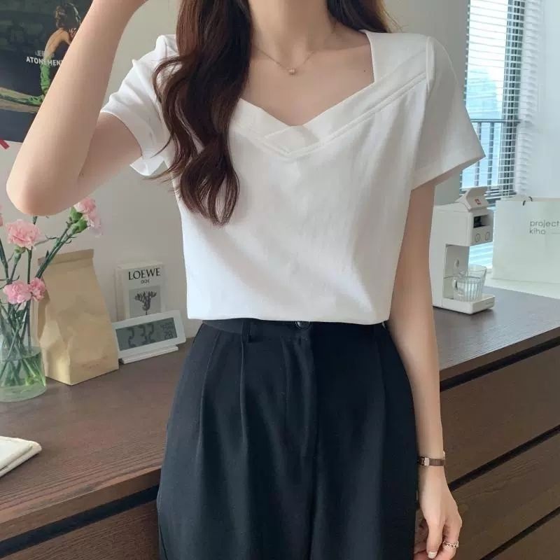 Áo Thun Tay Ngắn Cổ Chữ v Màu Đen Thời Trang Mùa Hè Cho Nữ