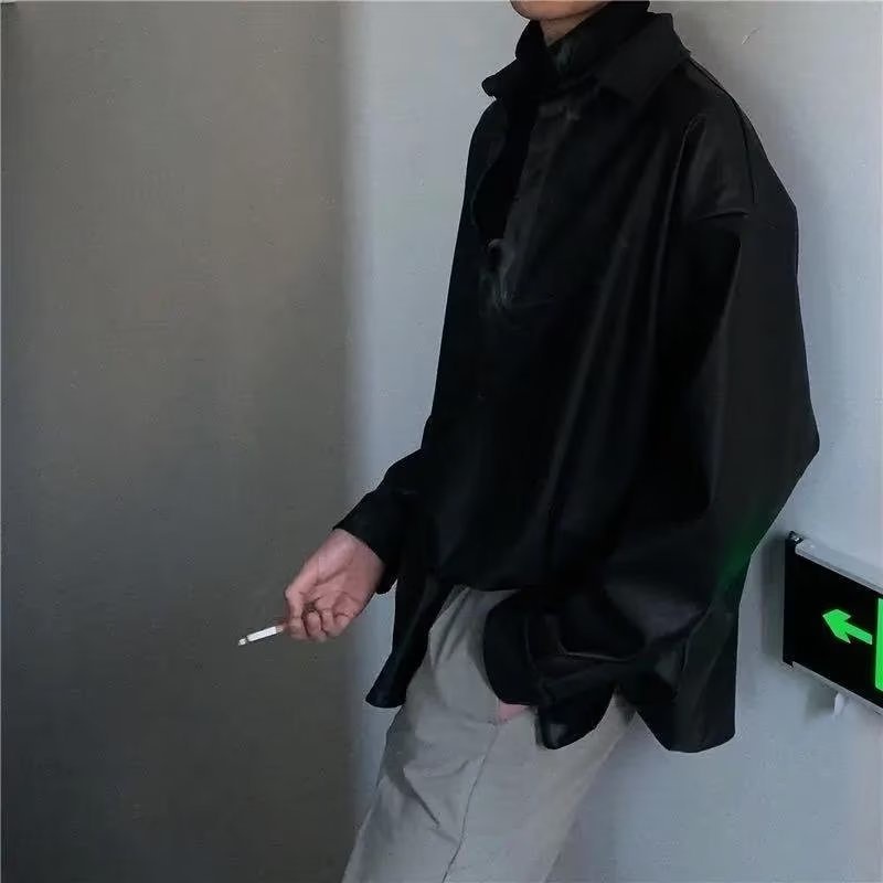 Áo sơ mi tay dài dáng dài vừa chất liệu da oversize