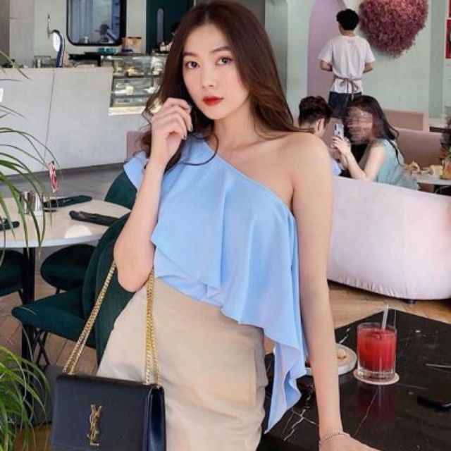Áo lệch vai bèo ( blue top) kèm ảnh thật
