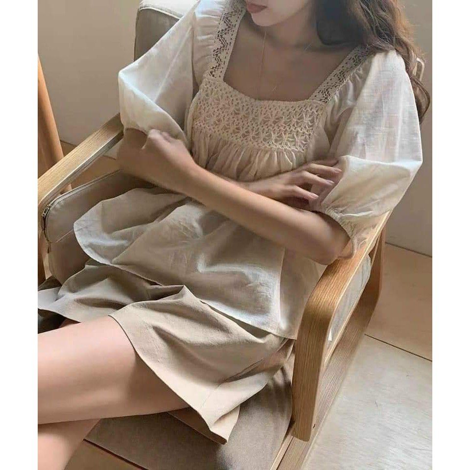 Set Áo Đũi Cổ Vuông Phối Ren Mix Quần Short Siêu Đẹp | BigBuy360 - bigbuy360.vn