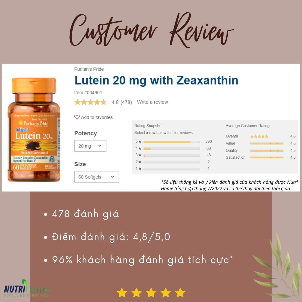 Viên uống Lutein 20mg Puritan’s Pride bổ mắt, bảo vệ mắt khỏi ánh sáng xanh, ngăn ngừa thoái hóa điểm vàng (Nutri Home)