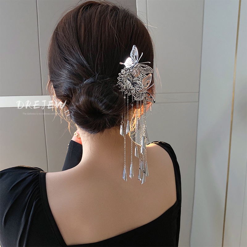DREJEW Trâm cài tóc bằng kim loại kiểu hoa bướm phối tua rua phong cách Hán phục thời trang