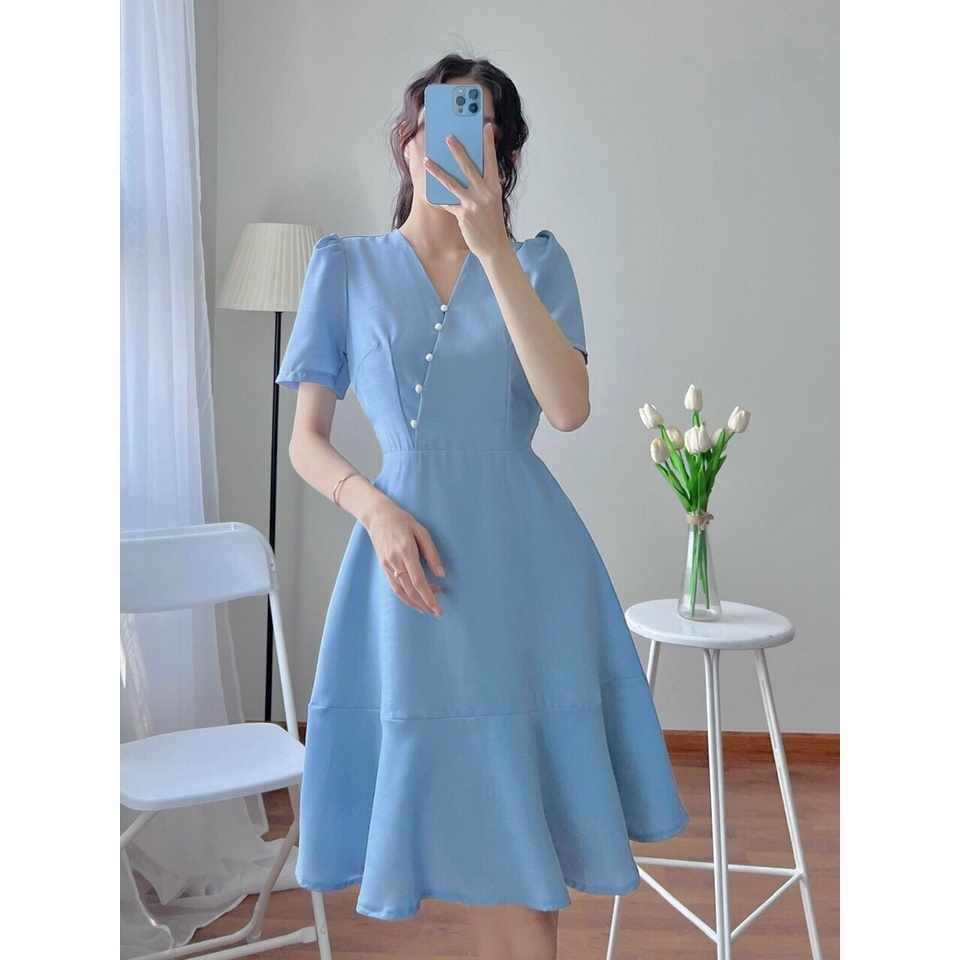Đầm váy nữ Màu XANH cổ V đính nút dáng xoè đuôi cá Dự Tiệc Cưới, Dạo Phố Thời Trang Nữ