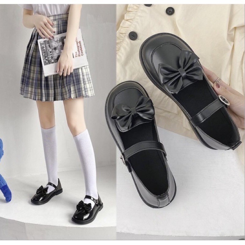 Giày nữ Lolita vintage gắn nơ muix vuông (Da bóng và da lì) | BigBuy360 - bigbuy360.vn