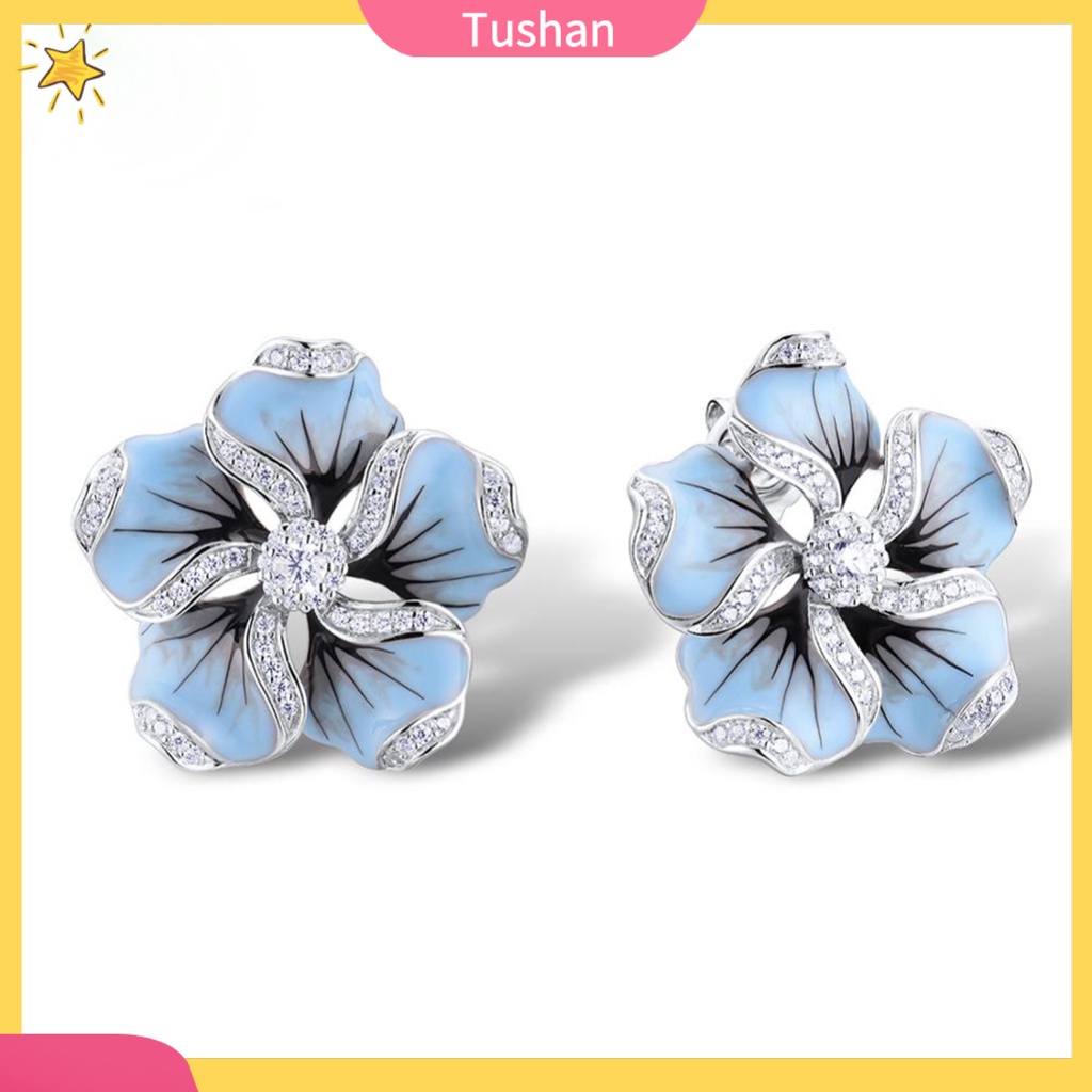 TUSH Women Cubic Zirconia Inlaid Enamel Flower Ear Stud Earrings Wedding Jewelry Gift