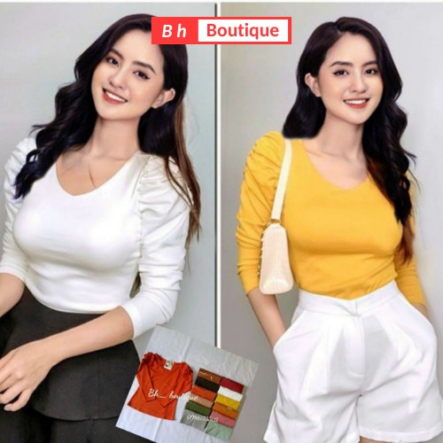 Áo thun dài tay nữ cổ tim thiết kế tay dài bồng chất vải cotton co giãn ôm dáng điệu đà nhiều màu sắc