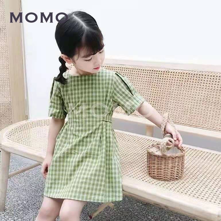 Váy Cotton Tay Ngắn Kẻ Ca-Rô Xinh Xắn Đáng Yêu Cho Bé Gái 2-8 Tuổi