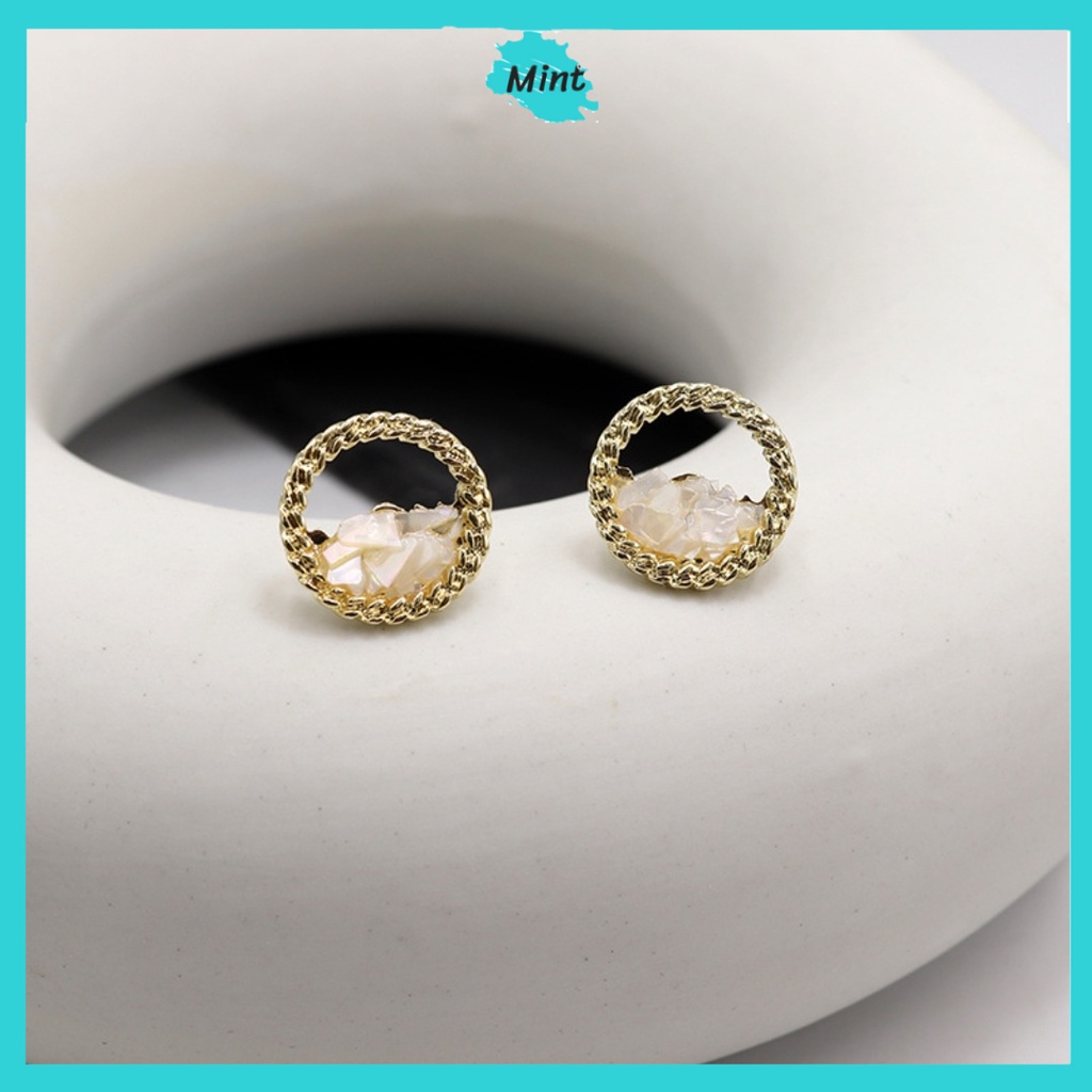 Bông Tai Vintage ❤️KHÔNG GÂY DỊ ỨNG❤️ Khuyên Tai Dáng Tròn Khảm Đá Thanh Lịch Chuôi Bạc S925