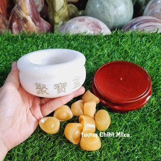 Bát Tụ Bảo bạch ngọc size 10cm (gồm 01 bát + 09 thỏi vàng + 01 đế gỗ)