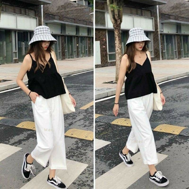 Quần ống rộng - Quần vải đũi xước cạp cao khóa thật dáng lửng – Màu Đen Trắng và Kem – Quần nữ ống rộng