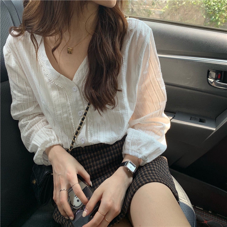 Áo sơ mi tay dài cổ chữ V thời trang thanh lịch cho nữ