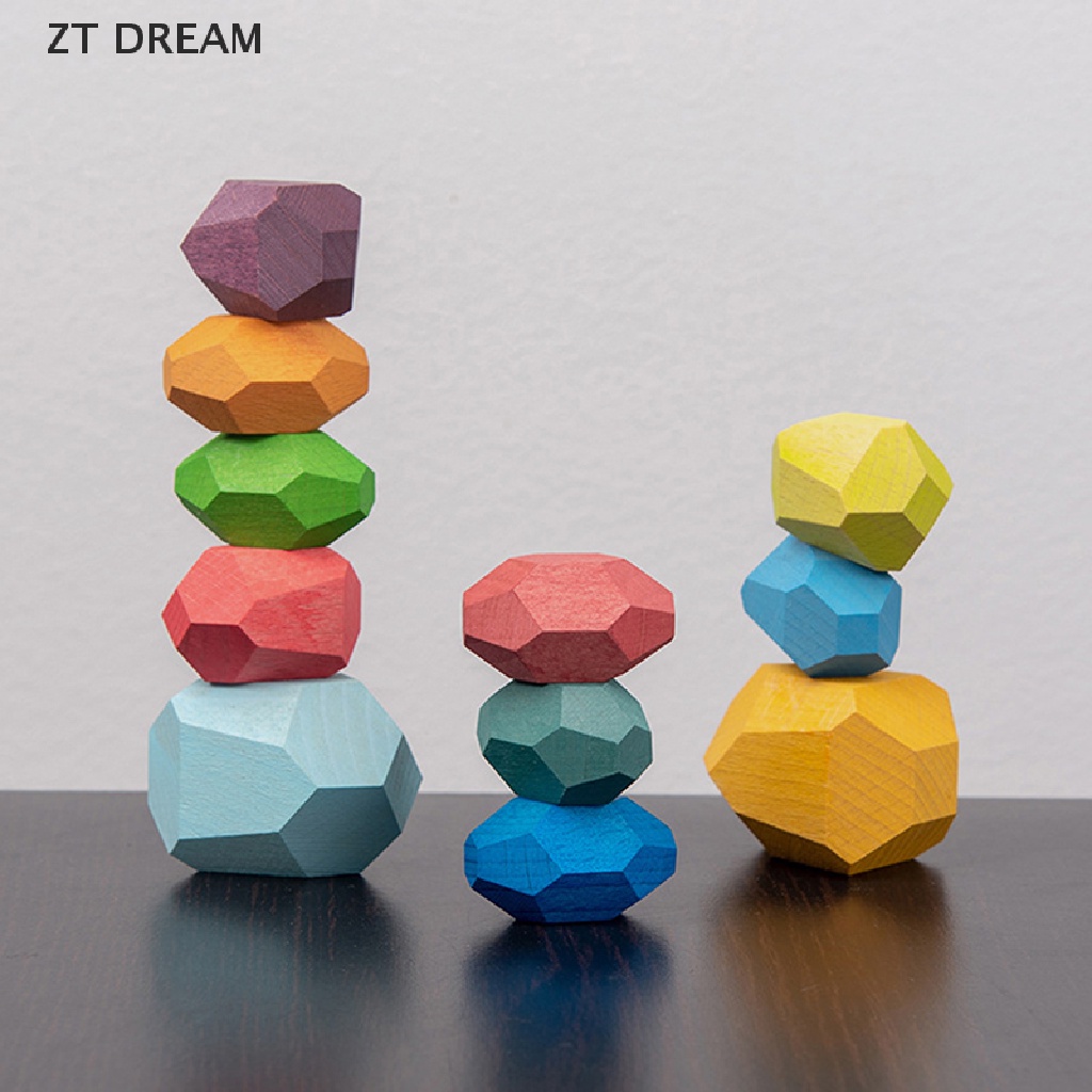 ZTD Gem Building Block Toy Wooden Rainbow Stone Blocks Stacked Balance Children Toys 07