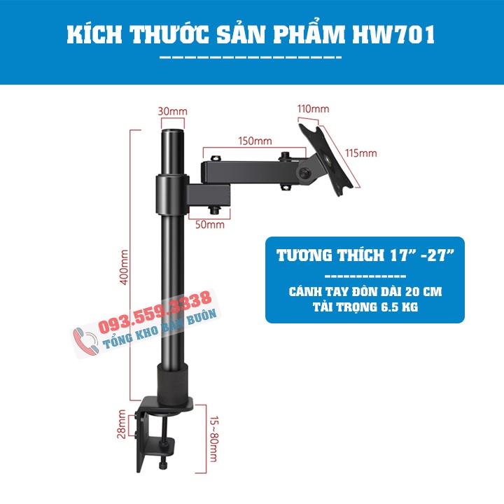 Giá Treo Màn Hình 17 - 32 Inch XL03 / HW-701 / ErgoTek EZ1 Tải Trọng 6 - 8 Kg - Lắp Đặt Kẹp Bàn [ Rẻ Hơn NB F80 ]