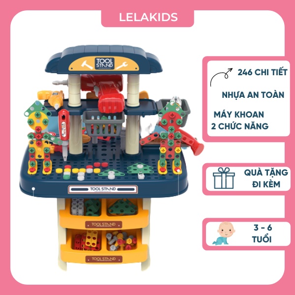 Bộ Đồ Chơi Kỹ Sư 246 chi tiết, Ốc Vít Lắp Ráp Sửa Chữa, khoan tay dùng pin cho bé 3 tuổi,4 tuổi, 5 tuổi ,6 tuổi-Lelakids