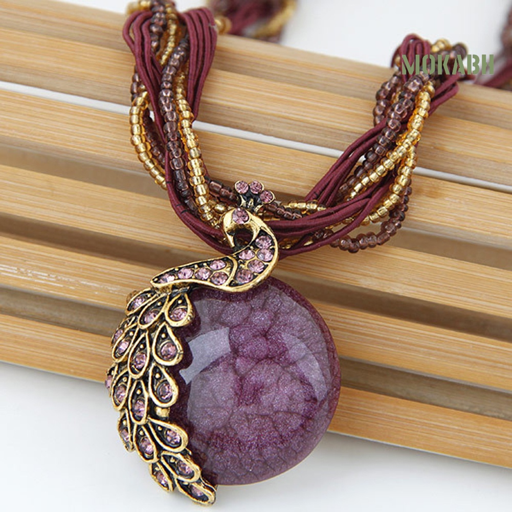 Vòng cổ Mặt Tròn Hình Chim Công Đính Đá Opal Nhân Tạo Phong Cách Bohemian