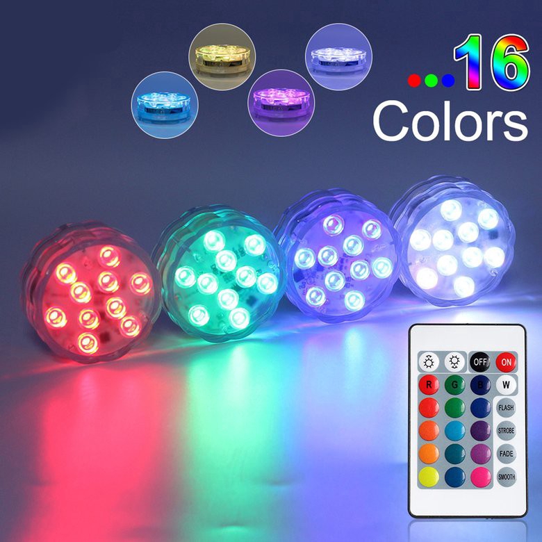 Waterproof Swimming Pool Light with Remote Control,10 LED Submersible Lights,Battery Operated Light Party Decor