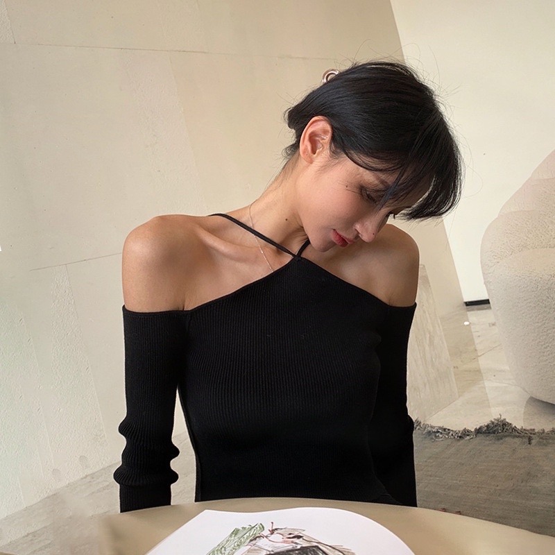 Áo Dệt Kim Trễ Vai Màu Trơn Phong Cách Hàn Quốc Dành Cho Nữ