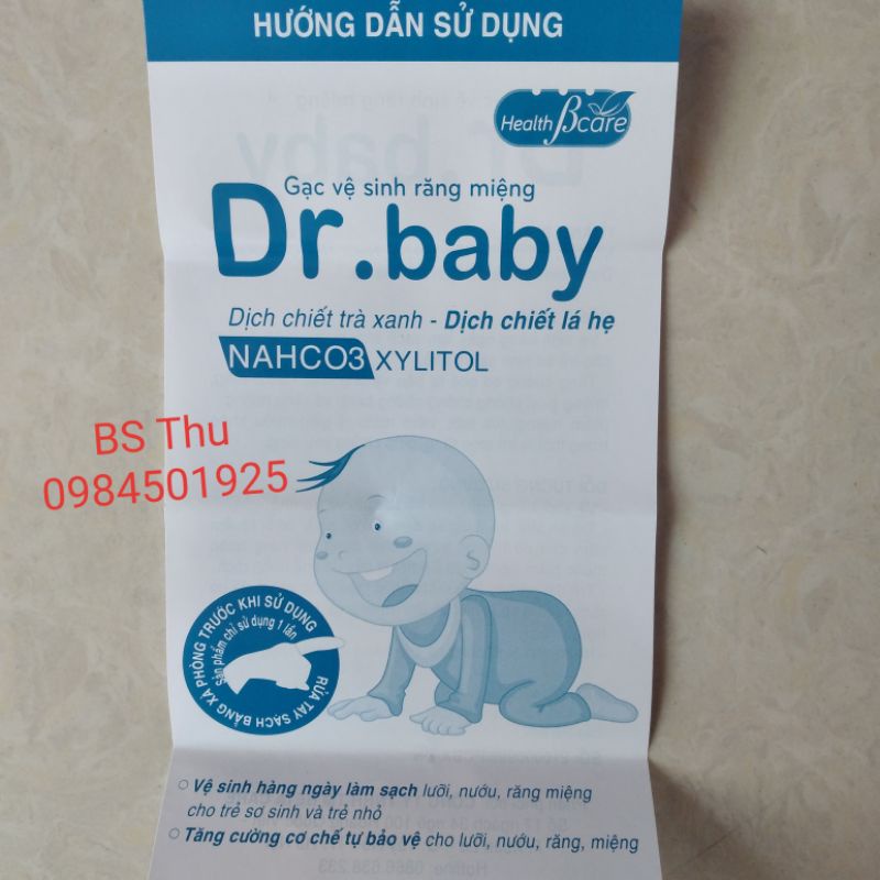 Gạc vệ sinh răng miệng Dr.baby (hộp 30gói) Dr Baby dịch chiết trà xanh- lá hẹ NaHCO3 Xylitol bảo vệ lưỡi-nướu-răng miệng