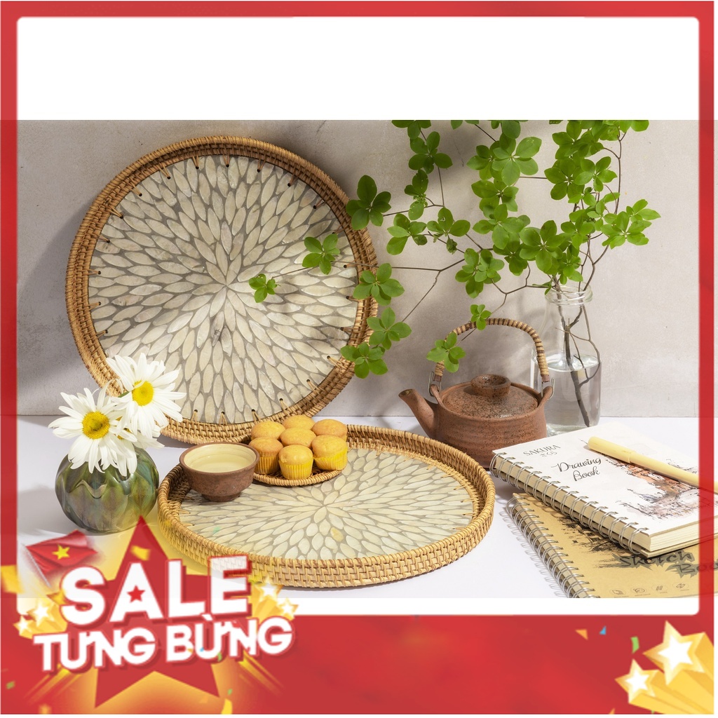 Khay mây tre đan khảm trai hình tròn cao cấp, đựng đồ đa năng hàng thủ công xuất khẩu Decor trang trí nhà