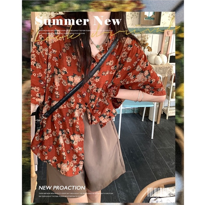 Áo Sơ Mi Tay Ngắn Dáng Rộng In Hình Hoa Hồng Phong Cách Vintage