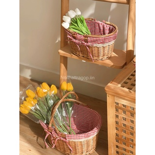 Giỏ mây hai quai lót vải caro đỏ