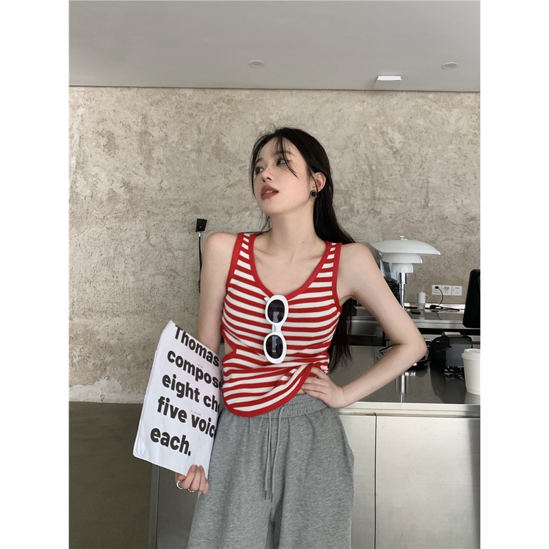 HUANG YOYO Áo Hai Dây Dáng Ngắn In Họa Tiết Kẻ Sọc Phong Cách Pháp Thời Trang Mùa Hè Cho Nữ 2022A