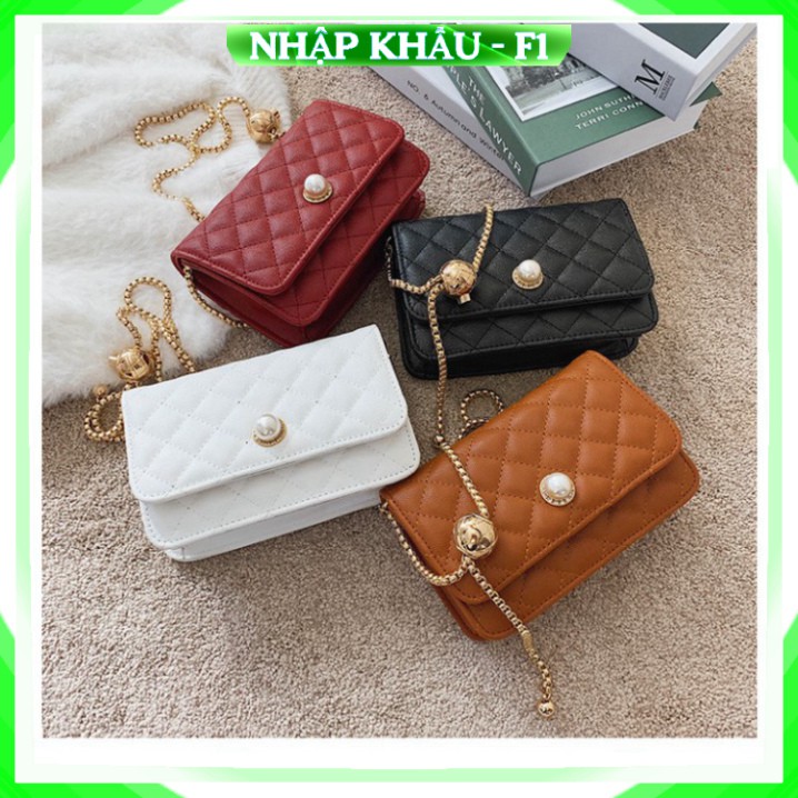 [Cao Cấp - Freeship]  Túi xách nữ Túi đeo chéo nữ Da trần trám khóa ngọc Màu đỏ trắng đen nâu Cao cấp công sở dự tiệc