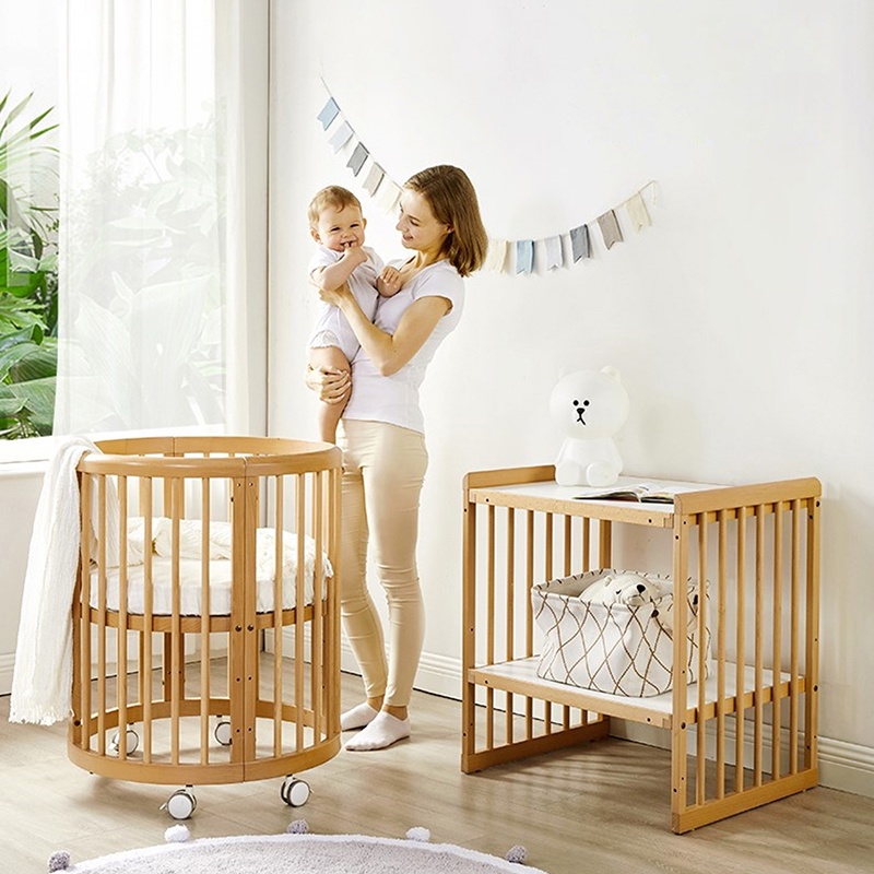 Giường Cũi Gỗ Nhập Khẩu Đa Năng Hình Oval Tiêu Chuẩn Châu Âu Sơn Không Mùi Không Kim Loại Nặng