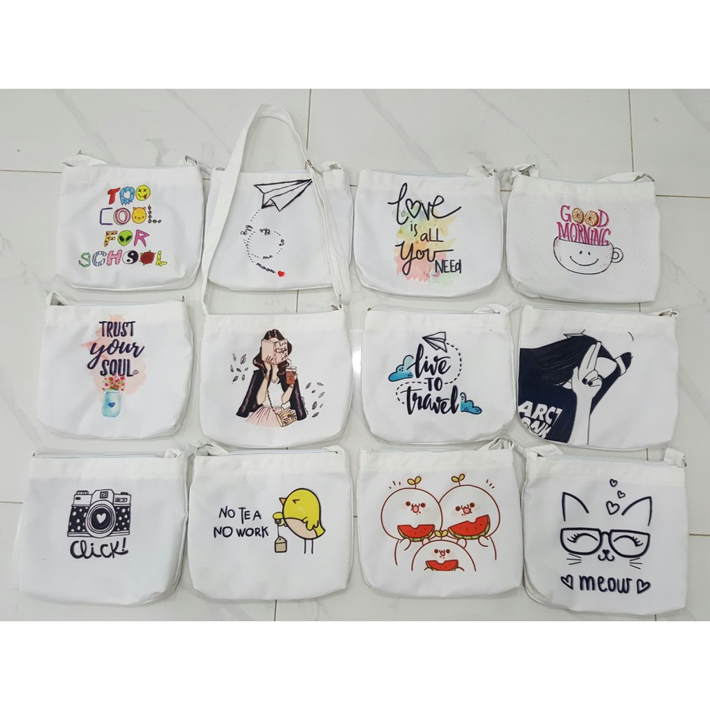 Túi tote mini đeo chéo vải canvas dày, mềm in hình xinh xắn