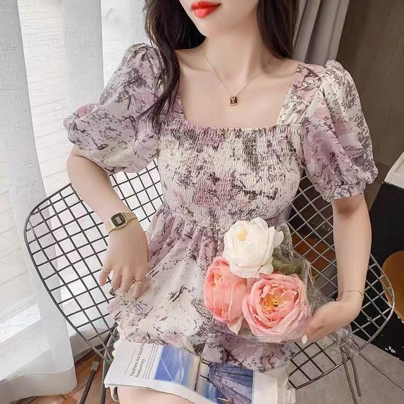 Áo Sơ Mi chiffon Tay Ngắn In Hoa Kiểu Hàn Quốc Dễ Thương Cho Nữ