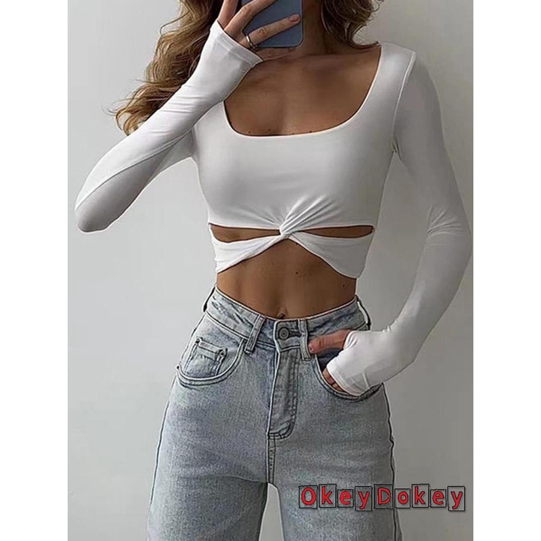 Áo Crop Top Cổ Vuông Tay Dài Màu Trơn Thiết Kế Xoắn Độc Đáo Thời Trang Cho Nữ