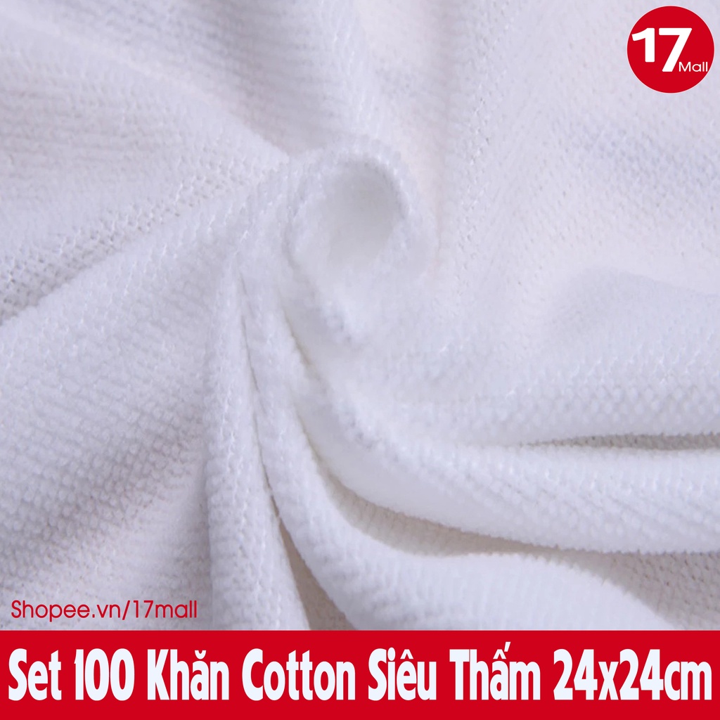 Set 100 khăn lau siêu thấm, khăn cotton dùng trong bệnh viện, lau tay, lau xe, nhà bếp, quán ăn size 24x24cm trắng