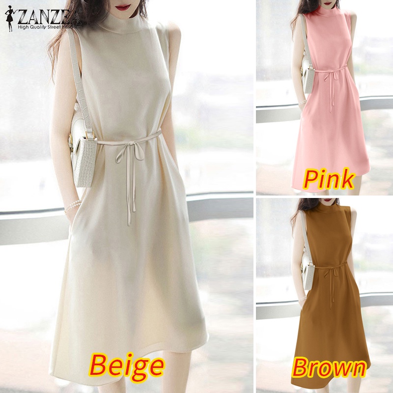 Đầm midi Zanzea không tay cổ đứng màu trơn phong cách Hàn Quốc đơn giản cho nữ