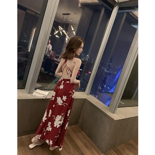 C026 Váy maxi hoa hở lưng dây đan chéo