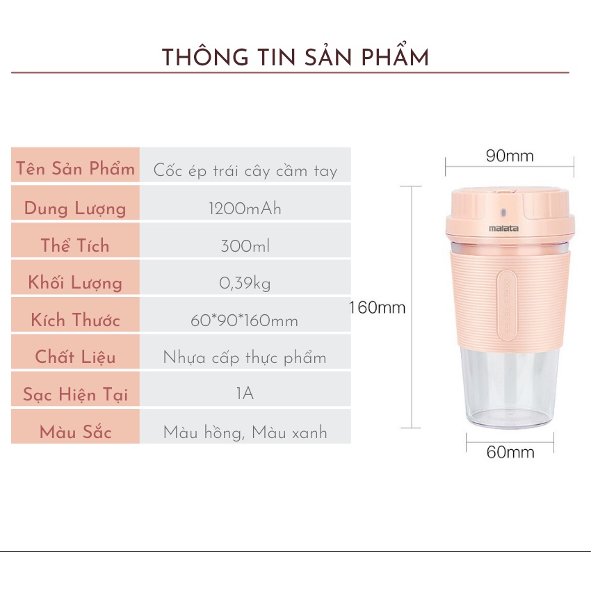 Máy Xay Sinh Tố Mini Cầm Tay Malata 220ML Lưỡi Dao Thép 4 Cánh Không Gỉ, Đa Năng Tiện Dụng, Có Sạc Pin USB Bảo Hành 12 T